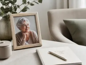Plan rapproché d’un espace de consultation avec carnet et cadre photo hommage