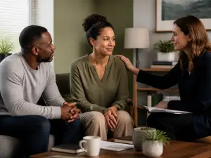 Interaction réconfortante entre le personnel et une famille dans une salle de consultation